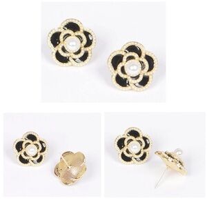 Elegant Gold and Black Camellia Floral Earrings